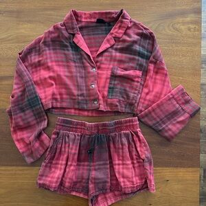 Urban Outfitters Out From Under Red and Gray Plaid Fabric pyjamas Set